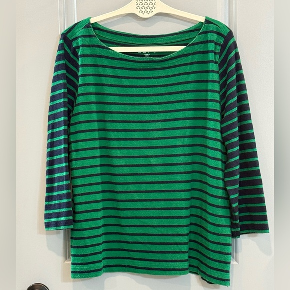 LOFT Sweaters - LOFT Green and Navy Stripe Scoop Neck Sweater